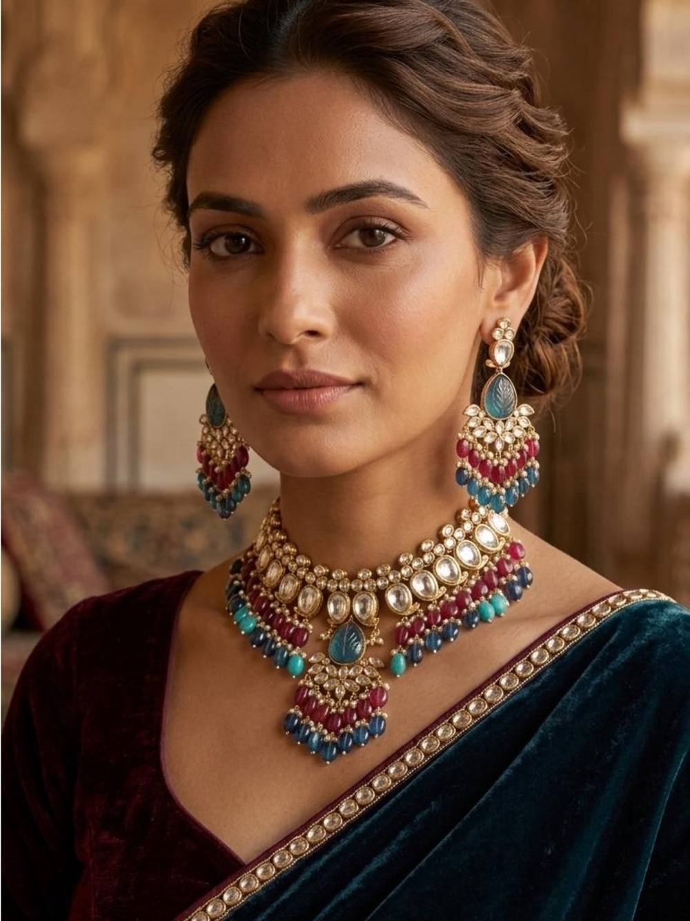 Elegant Gold-Tone Kundan Choker Necklace with Blue and Pink Accents